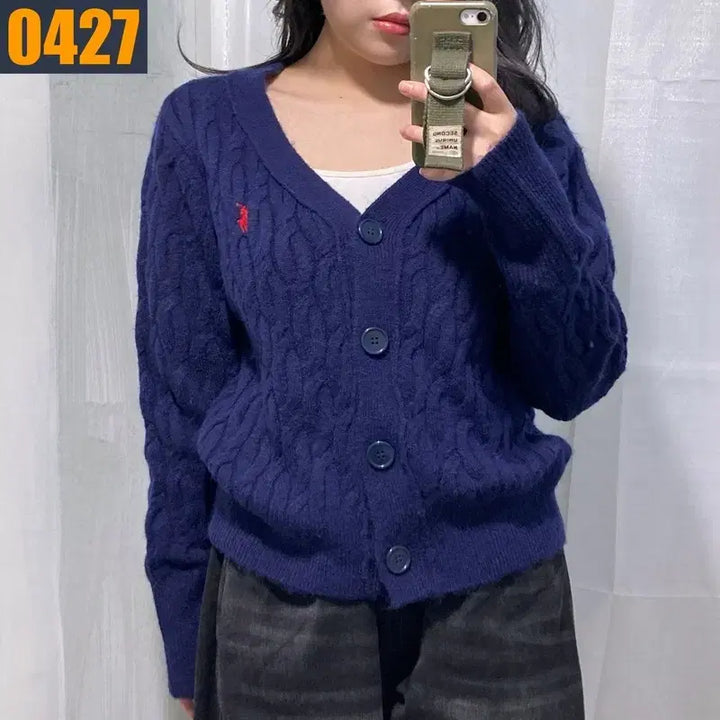 [BUNJANG] Polo Ralph Lauren Cable Knit Navy Cardigan (S) / 90 POLO 폴로 랄프로렌 신형로고 꽈배기 네이비 니트 가디건 S