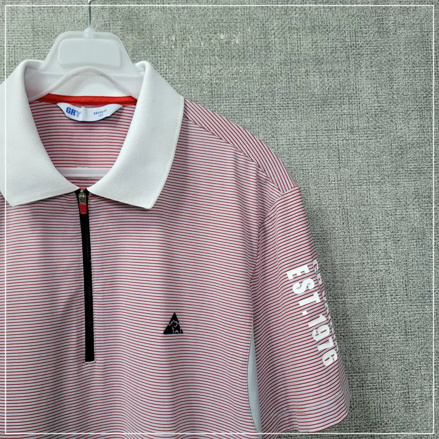 [BUNJANG] Greenjoy Red Striped Half-Zip Short Sleeve Shirt - Men&