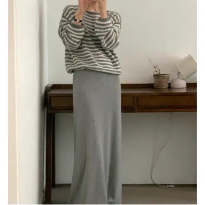 [BUNJANG] Moodmi Grey Stripe Knit Top / 쇼핑몰 무드미 그레이 스트라이프 봄여름 니트