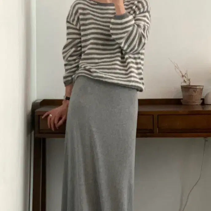 [BUNJANG] Moodmi Grey Stripe Knit Top / 쇼핑몰 무드미 그레이 스트라이프 봄여름 니트