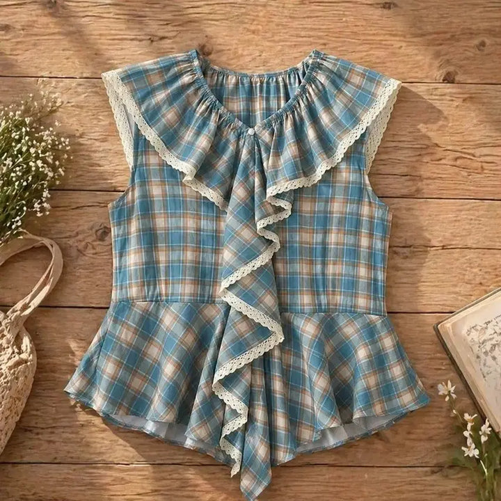 [BUNJANG] Peacock Blue Check Frill Blouse / 피콕 블루 체크 프릴 블라우스 / 여리핏