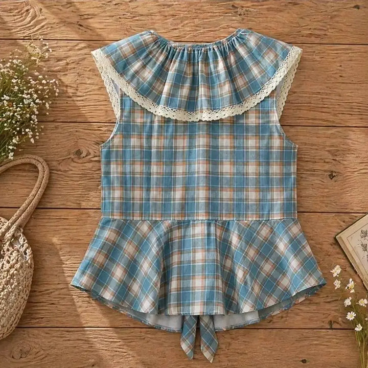[BUNJANG] Peacock Blue Check Frill Blouse / 피콕 블루 체크 프릴 블라우스 / 여리핏