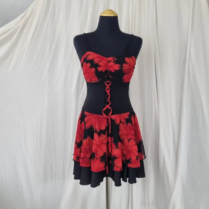 [BUNJANG] Spandex Mini Dress with Built-in Cups and Floral Print / 플라워 캡내장 스판 원피스 댄스복 공연복