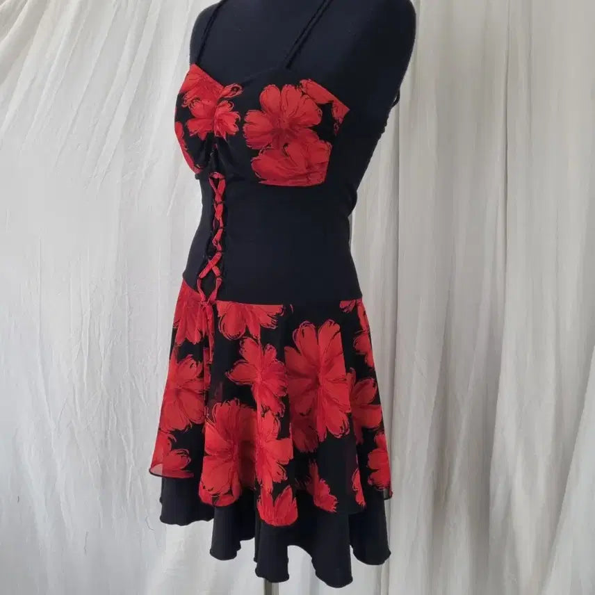 [BUNJANG] Spandex Mini Dress with Built-in Cups and Floral Print / 플라워 캡내장 스판 원피스 댄스복 공연복