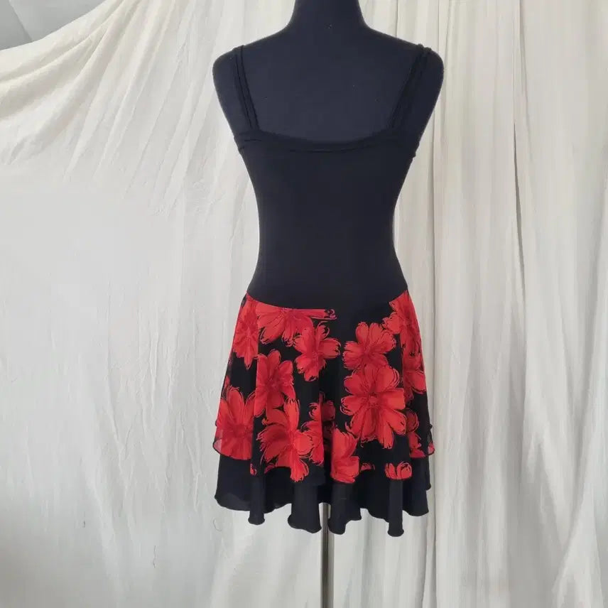 [BUNJANG] Spandex Mini Dress with Built-in Cups and Floral Print / 플라워 캡내장 스판 원피스 댄스복 공연복