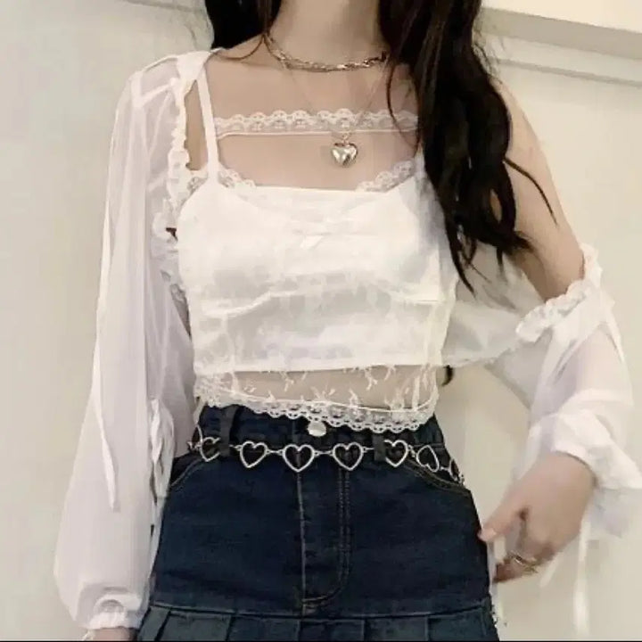[BUNJANG] White Lace See-through Bolero Set / 화이트 레이스 시스루 볼레로 세트