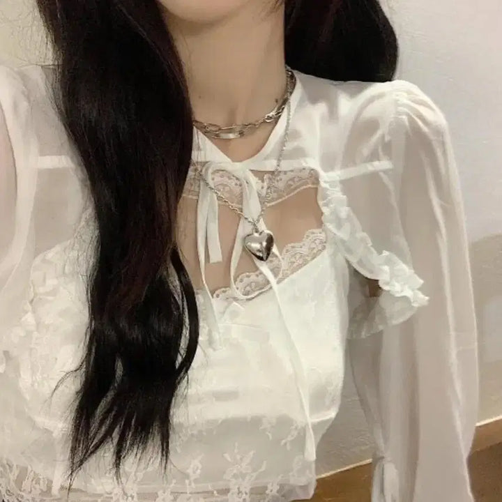 [BUNJANG] White Lace See-through Bolero Set / 화이트 레이스 시스루 볼레로 세트