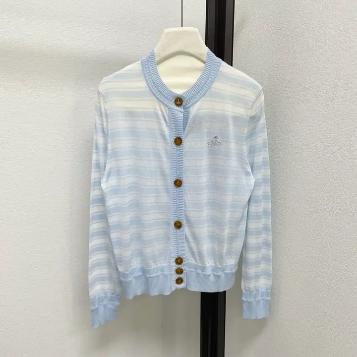 [BUNJANG] Vivienne Westwood Blue Pink Stripe Small Logo Cardigan / 비비안웨스트우드  가디건  블루 핑크 스트라이프 스몰로고 봄  여성