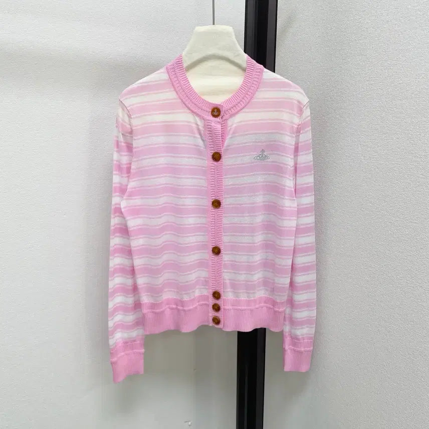 [BUNJANG] Vivienne Westwood Blue Pink Stripe Small Logo Cardigan / 비비안웨스트우드  가디건  블루 핑크 스트라이프 스몰로고 봄  여성