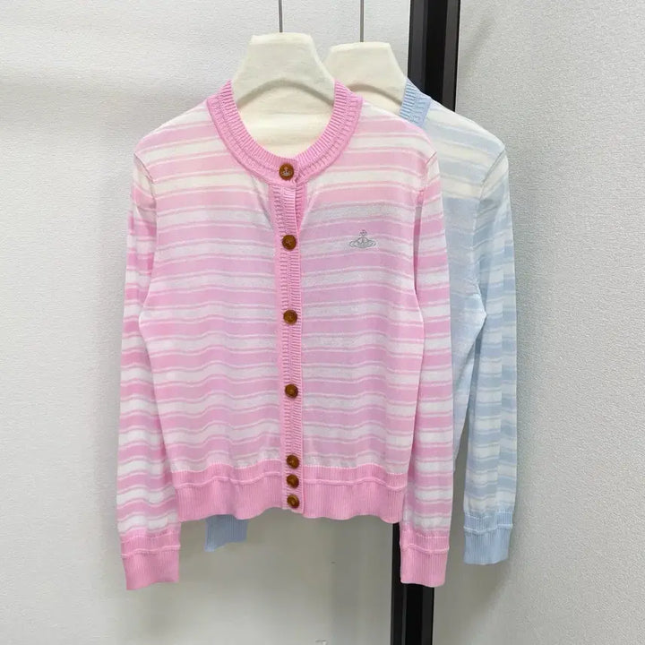 [BUNJANG] Vivienne Westwood Blue Pink Stripe Small Logo Cardigan / 비비안웨스트우드  가디건  블루 핑크 스트라이프 스몰로고 봄  여성