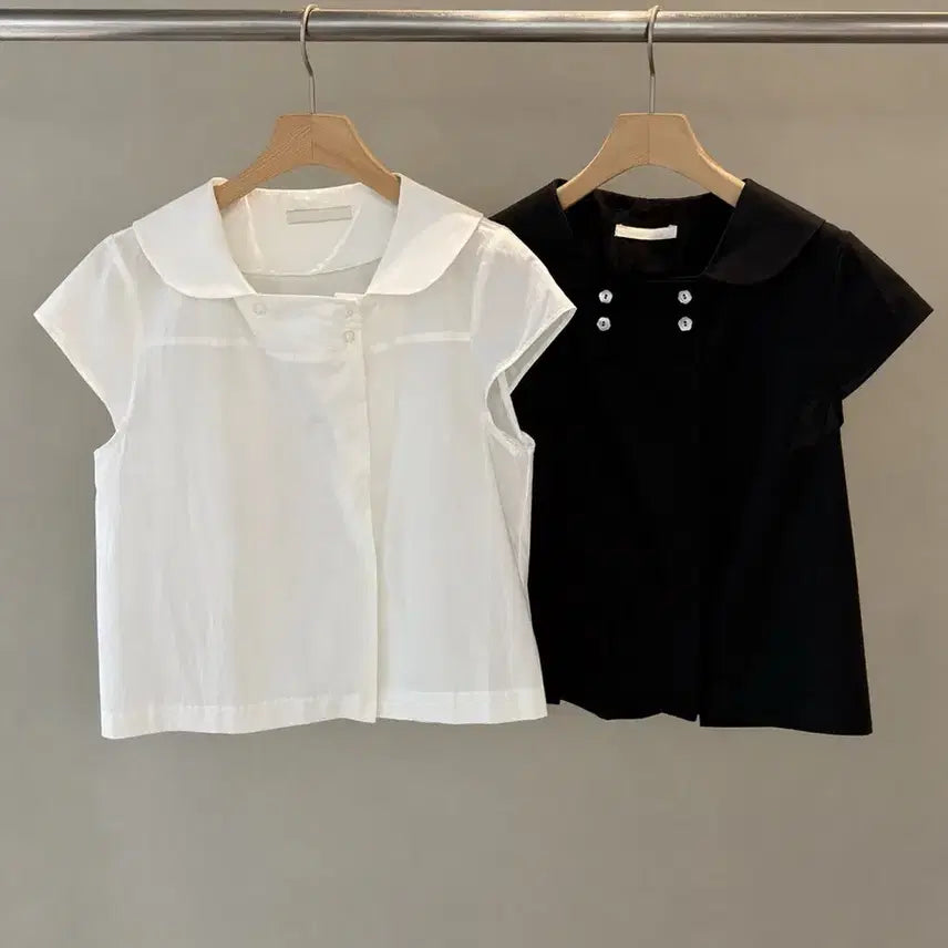 [BUNJANG] Collar Button Short Sleeve Blouse White/Black / 새상품) 카라 단추 블라우스 반팔 화이트/블랙