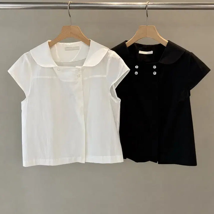 [BUNJANG] Collar Button Short Sleeve Blouse White/Black / 새상품) 카라 단추 블라우스 반팔 화이트/블랙