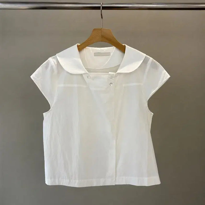 [BUNJANG] Collar Button Short Sleeve Blouse White/Black / 새상품) 카라 단추 블라우스 반팔 화이트/블랙