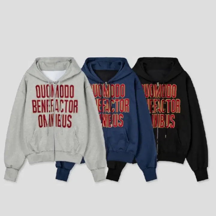 [BUNJANG] Omniverse Lettering Hooded Zip-Up / 옴니버스 크롭 핑거홀 후드집업