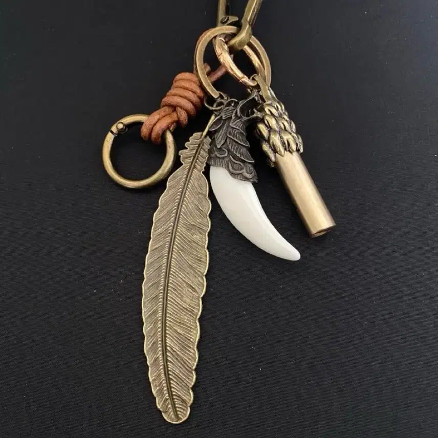 [BUNJANG] Vintage Brass Feather Whistle Leather Strap Keychain / 빈티지 브라스 키링