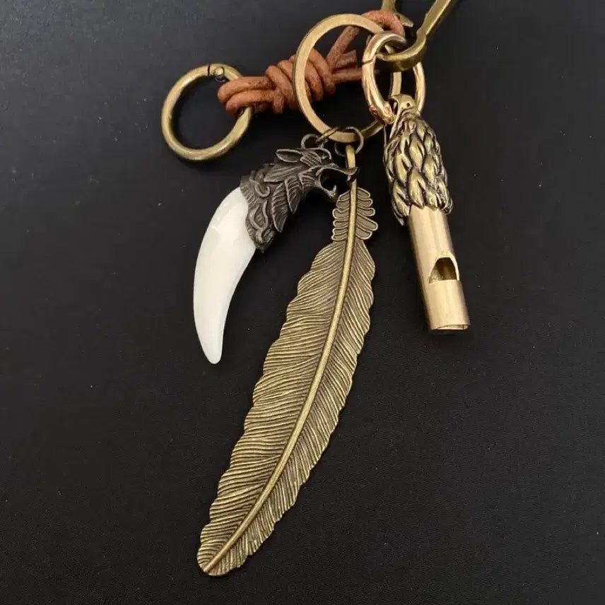 [BUNJANG] Vintage Brass Feather Whistle Leather Strap Keychain / 빈티지 브라스 키링