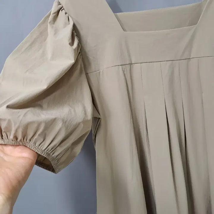 [BUNJANG] Beige Square Neck Spandex Shirring Long Dress / 베이지 스퀘어넥 스판 셔링 롱 원피스