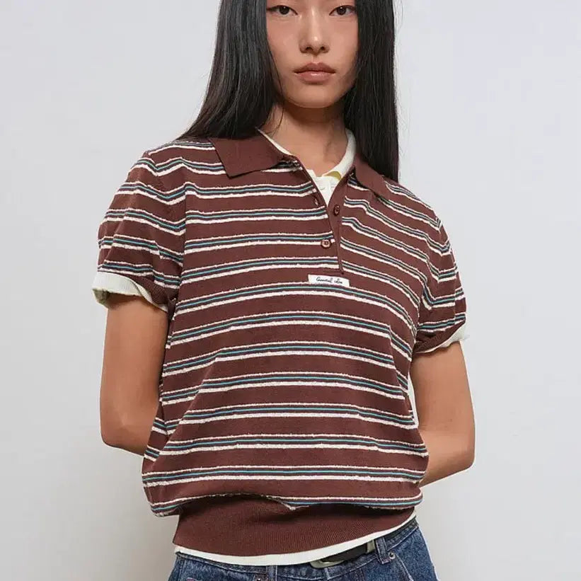 [BUNJANG] General Idea Stripe Collar Half Knit / 실착 1회 | 제너럴아이디어 스트라이프 카라 하프 니트
