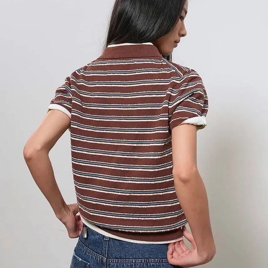 [BUNJANG] General Idea Stripe Collar Half Knit / 실착 1회 | 제너럴아이디어 스트라이프 카라 하프 니트