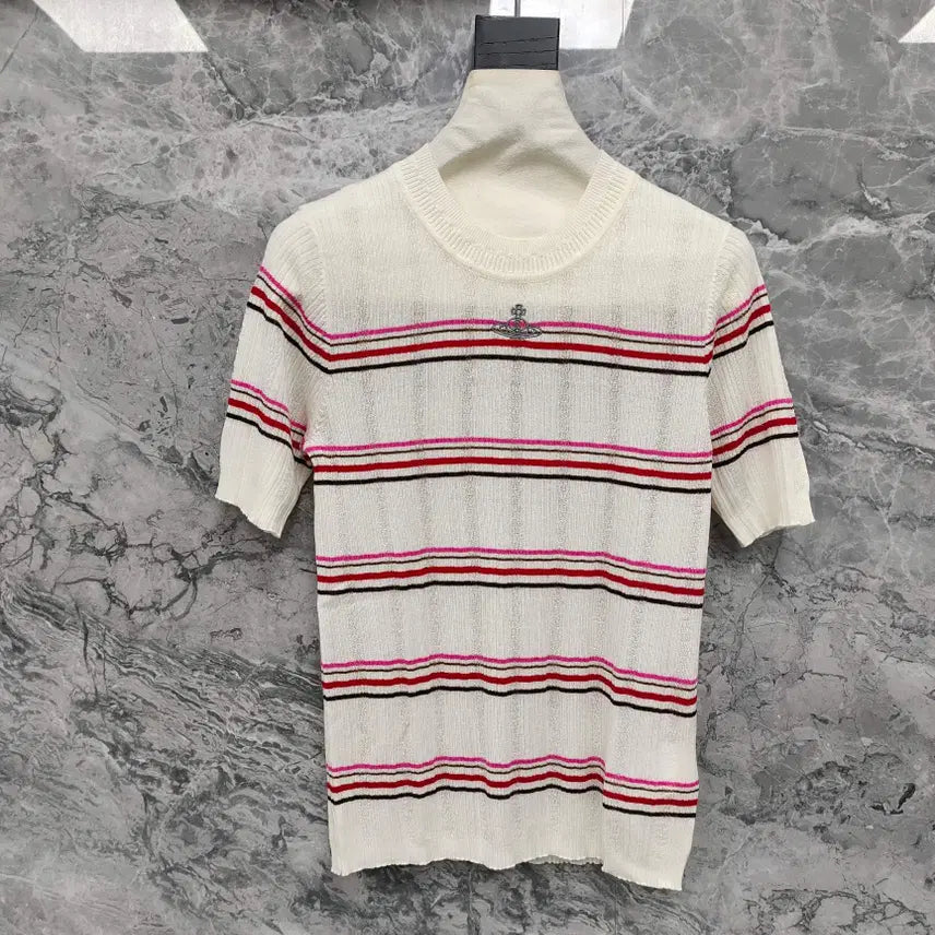 [BUNJANG] Vivienne Westwood Striped Knit Sweater / 비비안웨스트우드  반발티  베이지 핑크 블루  스트라이프 니트 여름