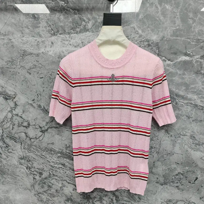 [BUNJANG] Vivienne Westwood Striped Knit Sweater / 비비안웨스트우드  반발티  베이지 핑크 블루  스트라이프 니트 여름