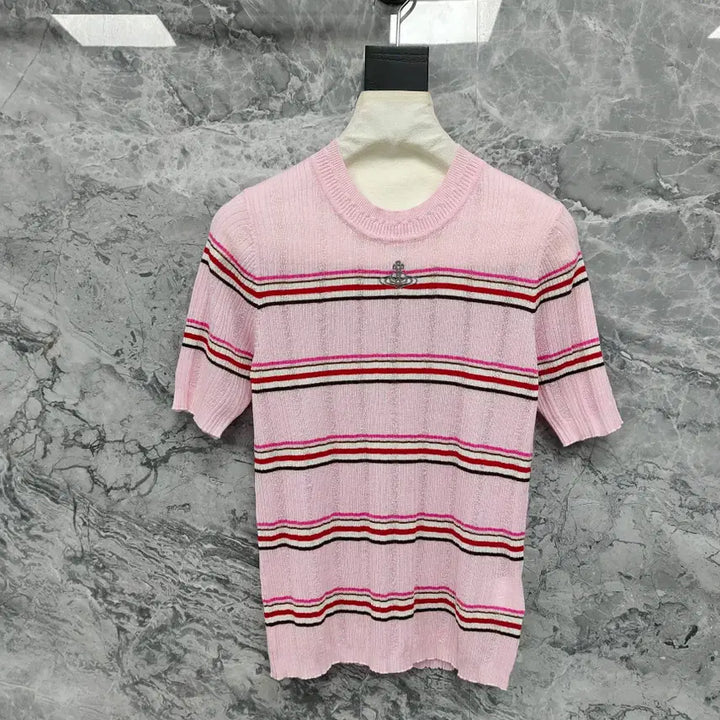 [BUNJANG] Vivienne Westwood Striped Knit Sweater / 비비안웨스트우드  반발티  베이지 핑크 블루  스트라이프 니트 여름