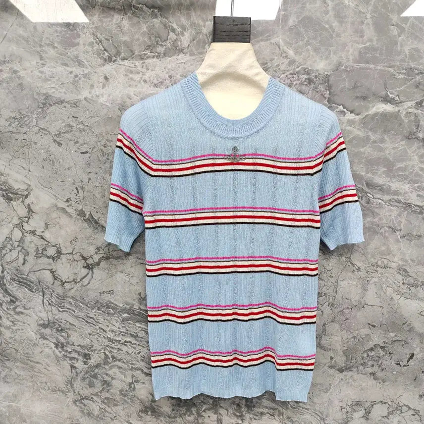 [BUNJANG] Vivienne Westwood Striped Knit Sweater / 비비안웨스트우드  반발티  베이지 핑크 블루  스트라이프 니트 여름