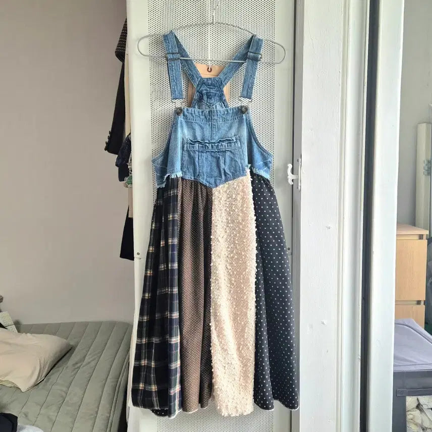 [BUNJANG] Vintage Mori Girl Patchwork Denim Overalls Dress / 빈티지 모리걸 하구미 패치워크 데님멜빵 원피스