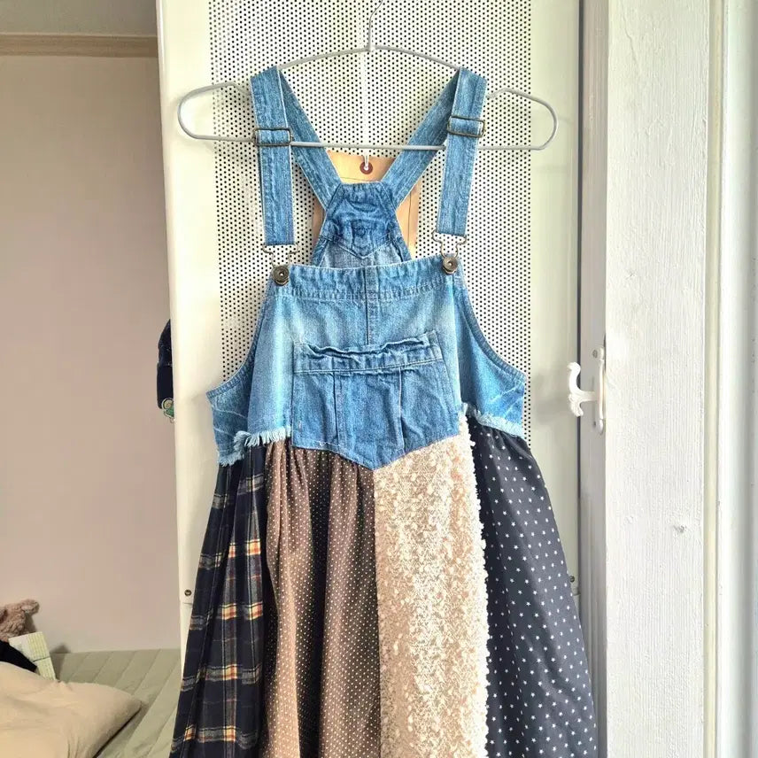 [BUNJANG] Vintage Mori Girl Patchwork Denim Overalls Dress / 빈티지 모리걸 하구미 패치워크 데님멜빵 원피스