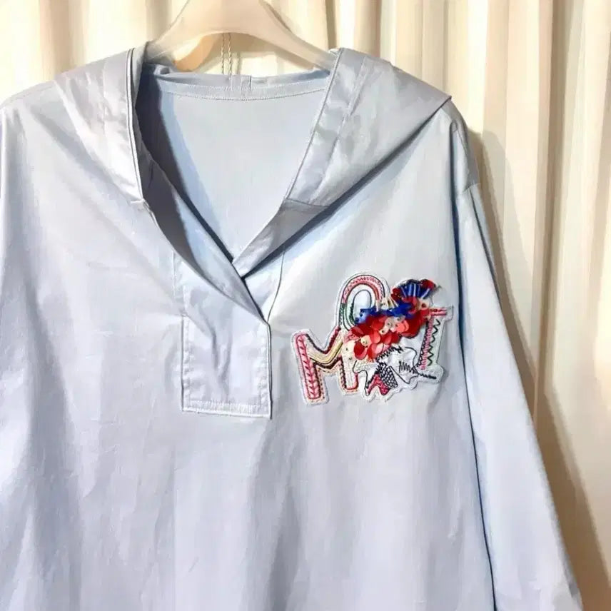 [BUNJANG] Light Blue Hooded Shirt Blouse (Size 55-66) / 하늘색 후드 셔츠 블라우스 55-66 거의새것