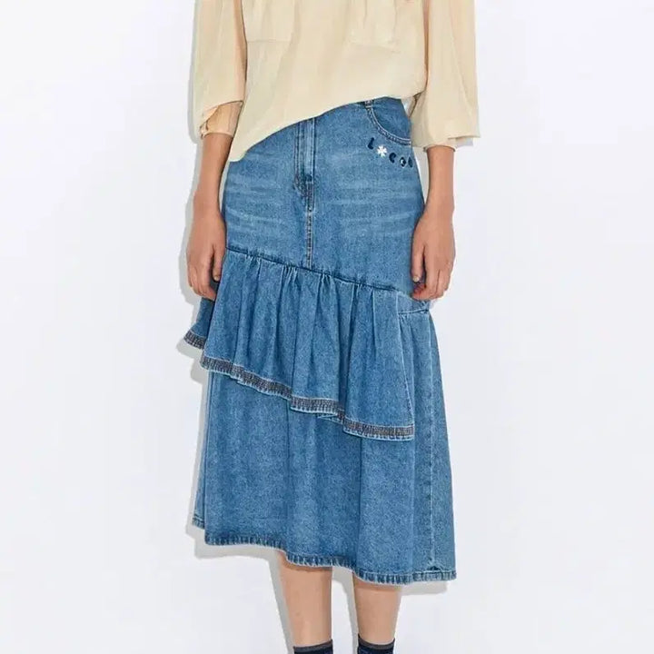 [BUNJANG] Lucky Chouette Denim Ruffle Midi Skirt Size 36 / 럭키슈에뜨 데님 캉캉 스커트 36