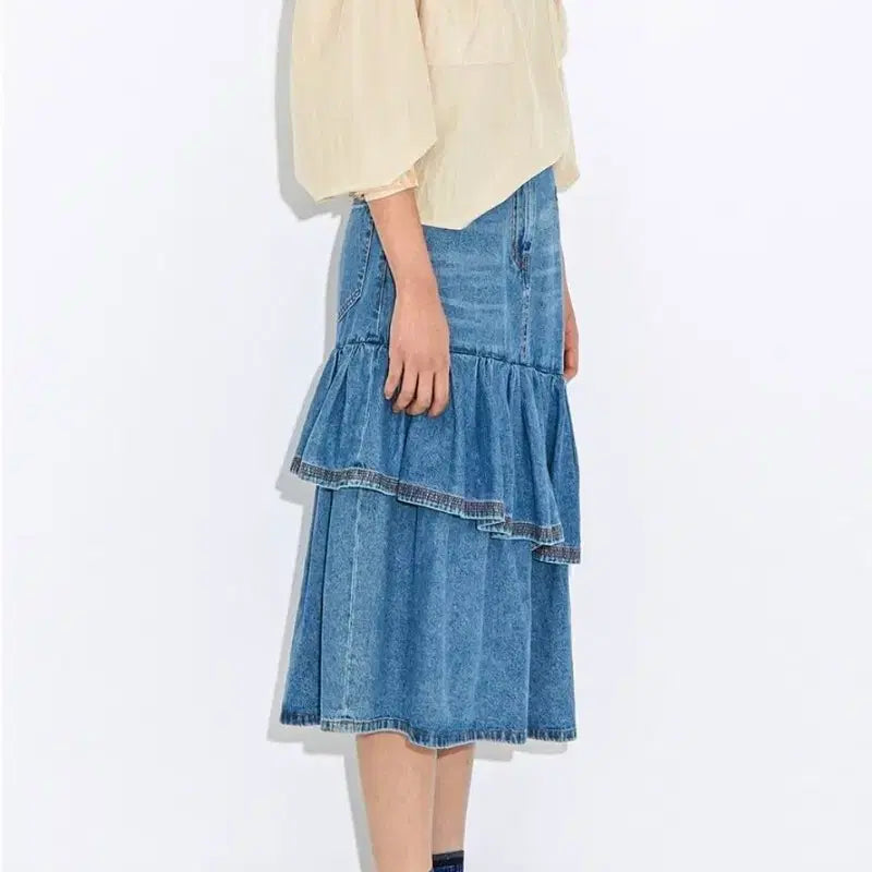 [BUNJANG] Lucky Chouette Denim Ruffle Midi Skirt Size 36 / 럭키슈에뜨 데님 캉캉 스커트 36