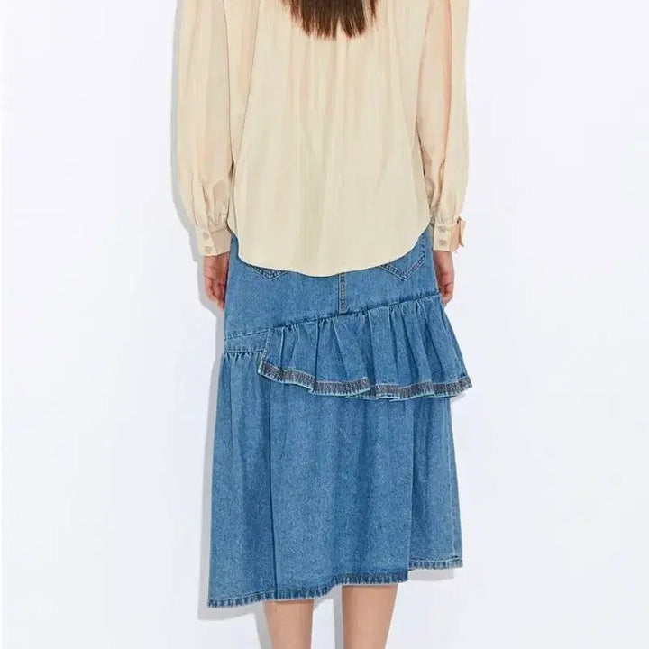 [BUNJANG] Lucky Chouette Denim Ruffle Midi Skirt Size 36 / 럭키슈에뜨 데님 캉캉 스커트 36