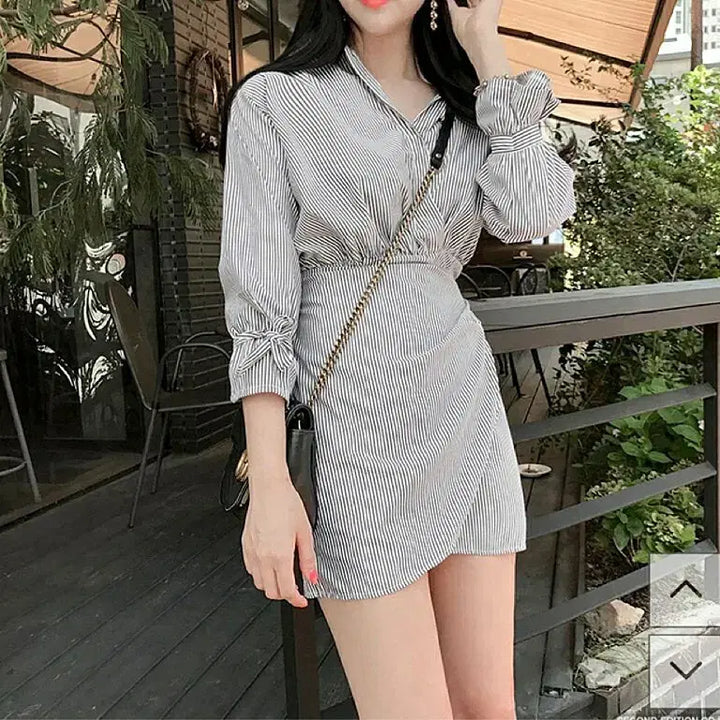 [BUNJANG] Striped Shirt Wrap Dress / 스트라이프 셔츠 랩 원피스