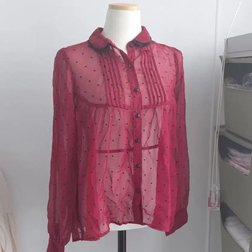 [BUNJANG] Japanese Vintage Heart Dot See-Through Blouse (Wine) / [일본빈티지] 하트 도트 시스루 블라우스 와인