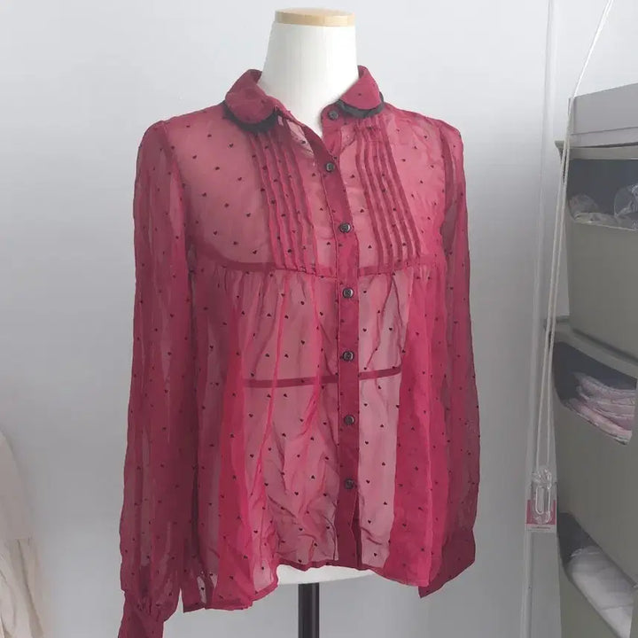 [BUNJANG] Japanese Vintage Heart Dot See-Through Blouse (Wine) / [일본빈티지] 하트 도트 시스루 블라우스 와인