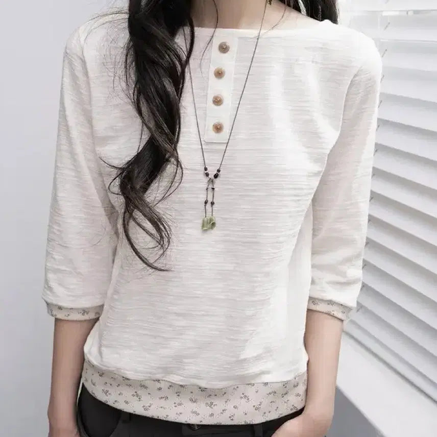 [BUNJANG] Tilde Seoul Eli Button 7-Point Sleeve T-Shirt Ivory / 틸데서울 일라이 버튼 7부 티셔츠 아이보리