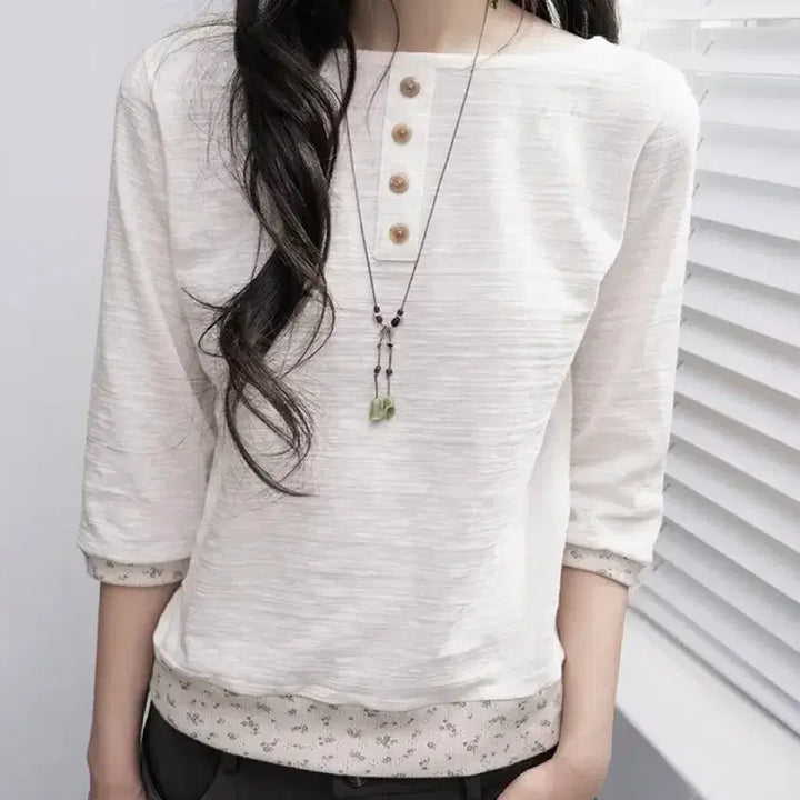 [BUNJANG] Tilde Seoul Eli Button 7-Point Sleeve T-Shirt Ivory / 틸데서울 일라이 버튼 7부 티셔츠 아이보리