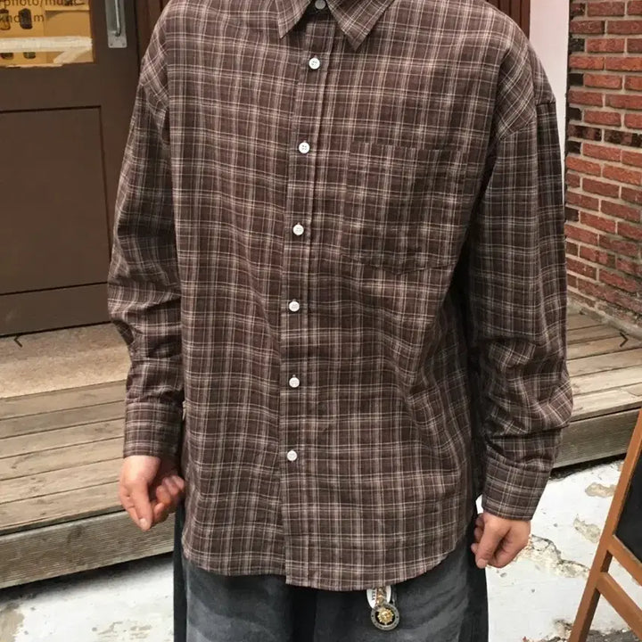 [BUNJANG] Two-Tone Brown Check Long Sleeve Shirt / 투븐 브라운 체크 긴팔 셔츠