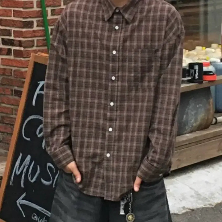 [BUNJANG] Two-Tone Brown Check Long Sleeve Shirt / 투븐 브라운 체크 긴팔 셔츠