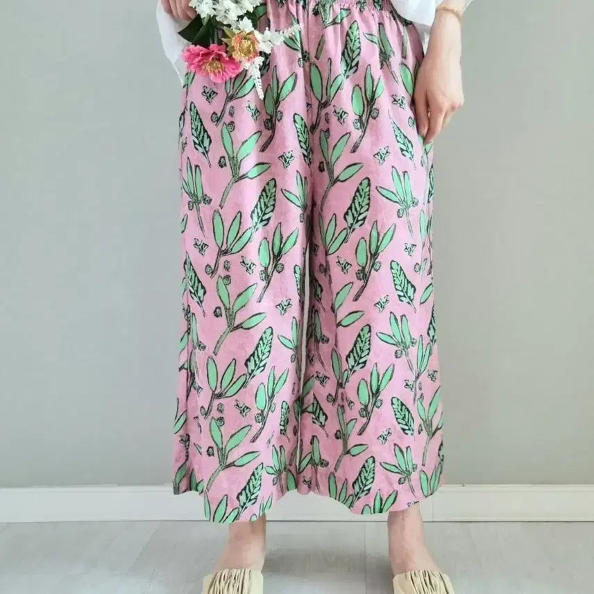 [BUNJANG] Pink Linen Leaf Pattern Wide Pants / 핑크색 린넨 나뭇잎 패턴 와이드 팬츠