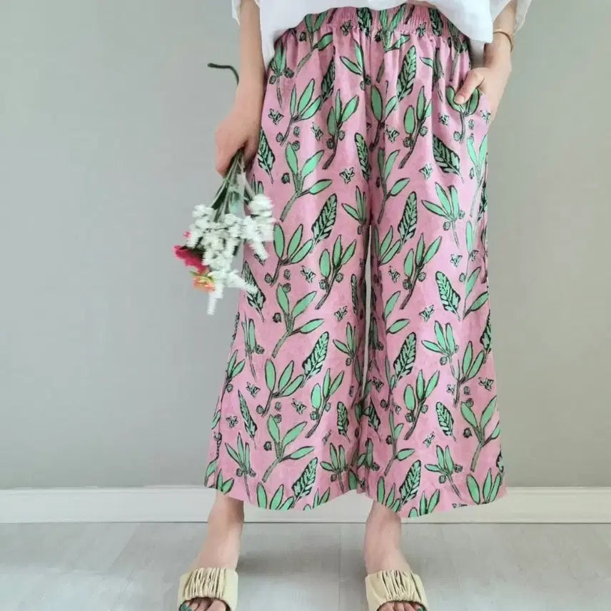 [BUNJANG] Pink Linen Leaf Pattern Wide Pants / 핑크색 린넨 나뭇잎 패턴 와이드 팬츠