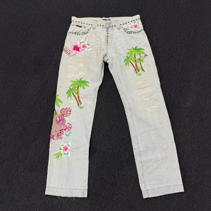 [BUNJANG] Dolce &amp; Gabbana Embroidered Distressed Wash Denim Pants / 돌체앤가바나 자수 데미지 워싱 데님팬츠