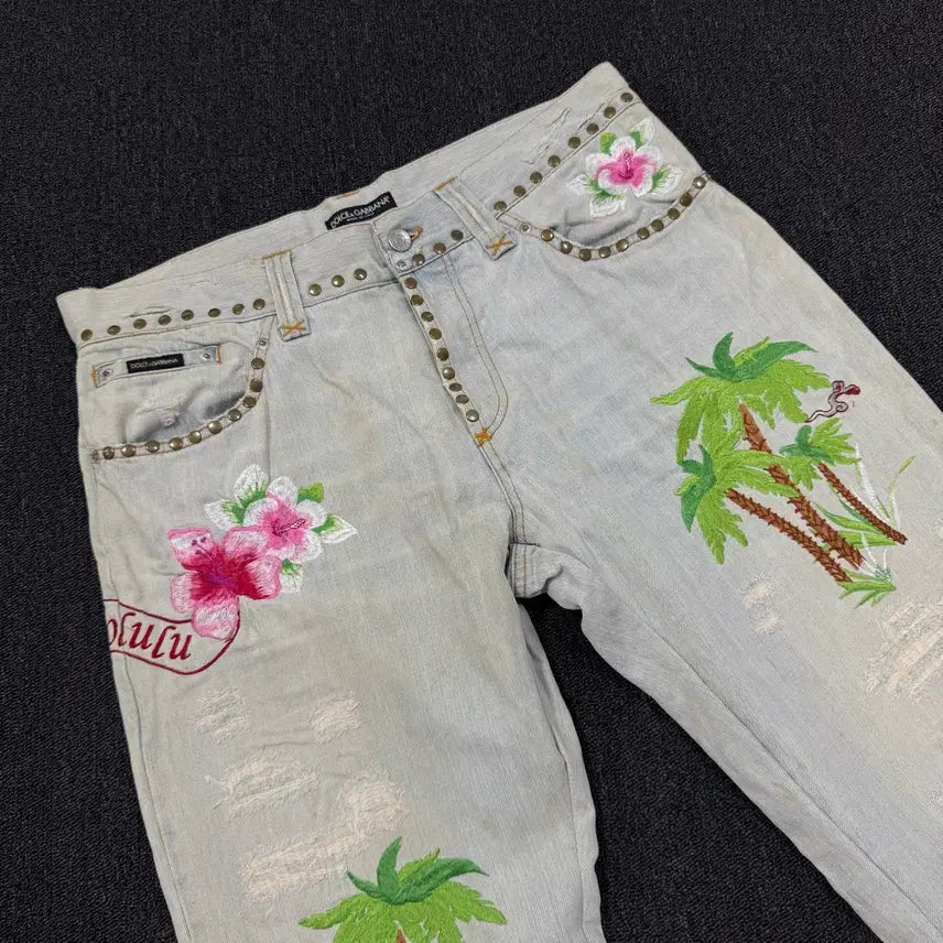[BUNJANG] Dolce &amp; Gabbana Embroidered Distressed Wash Denim Pants / 돌체앤가바나 자수 데미지 워싱 데님팬츠