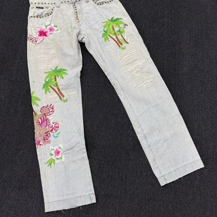 [BUNJANG] Dolce &amp; Gabbana Embroidered Distressed Wash Denim Pants / 돌체앤가바나 자수 데미지 워싱 데님팬츠