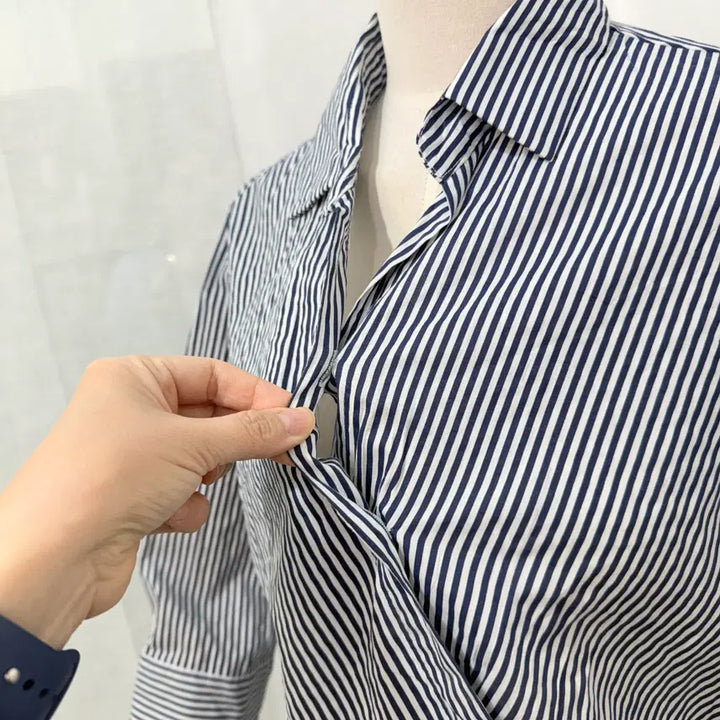 [BUNJANG] Lapstyle Striped 7-Part Sleeve Blouse Shirt / 랩스타일 스트라이프 줄무늬 칠부 블라우스 셔츠 4443