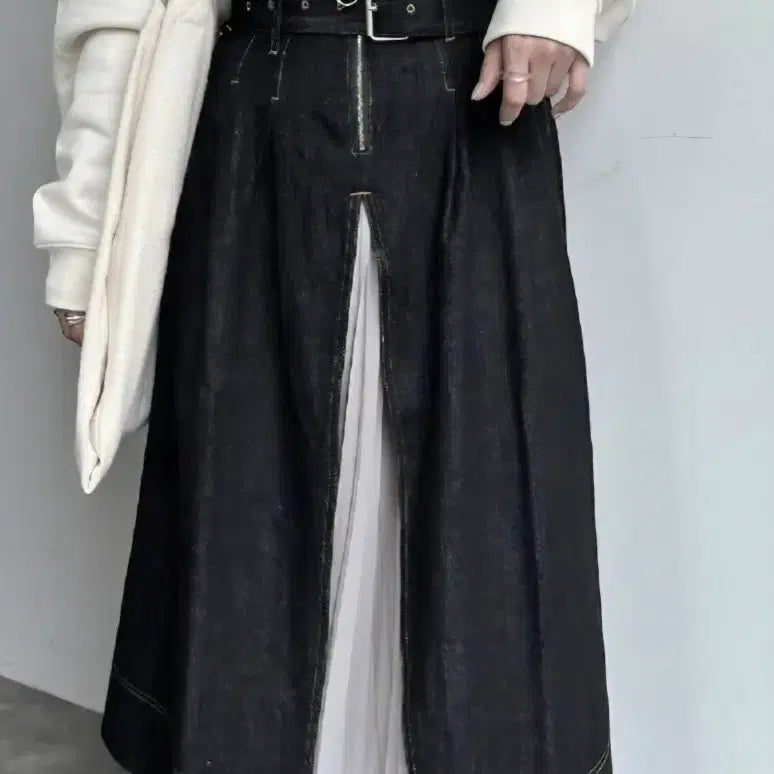 [BUNJANG] Chiffon Slit Denim Long Skirt / 쉬폰 절개 데님 롱스커트 F 새거