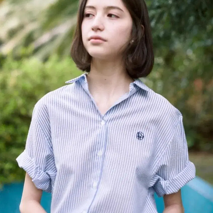 [BUNJANG] Fabricology Striped Half-Sleeve Shirt - Blue / 패브릭컬러지 스트라이프 반팔 셔츠 블루