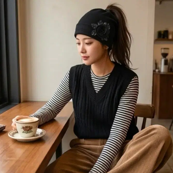 [BUNJANG] 블랙 로즈 망사 봄여름 코사지 비니 F / 블랙 로즈 망사 봄여름 코사지 비니 F