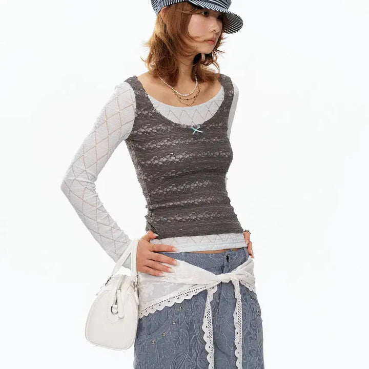 [BUNJANG] YOSHUYUKI Fake Two-Piece Lace Layered Top / YOSHUYUKI 요슈유키 페이크 투피스 레이스 레이어드 탑